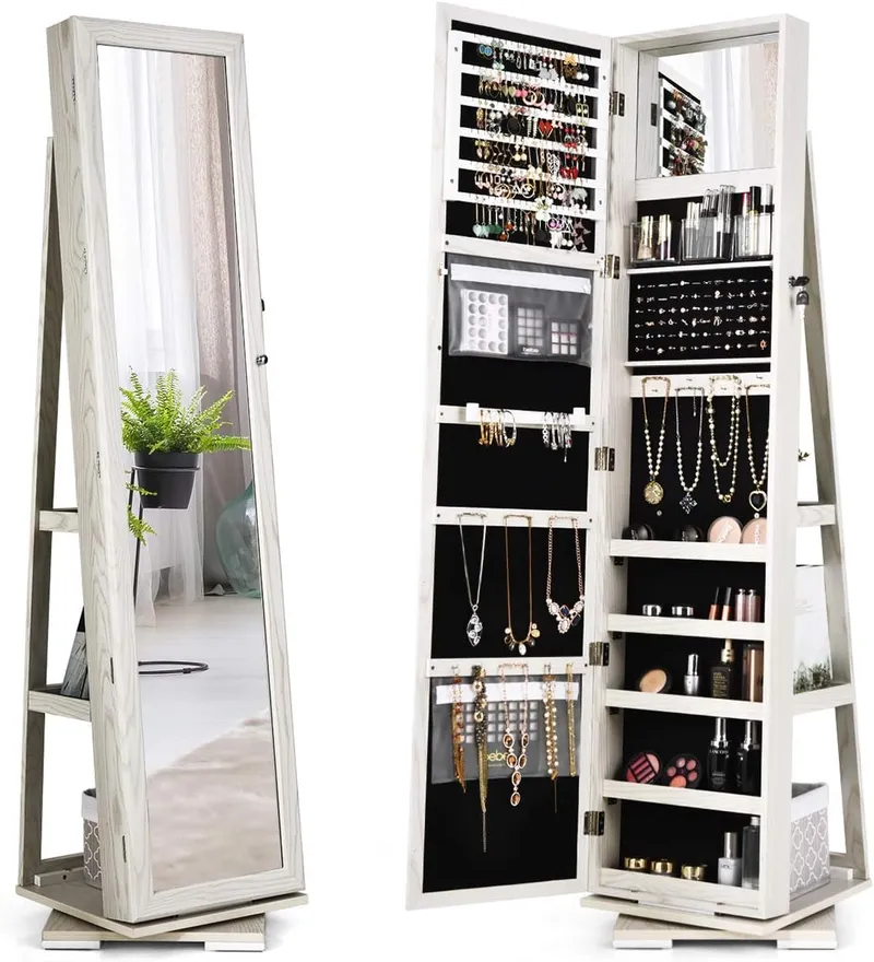 CHARMAID 360° Swivel Jewelry Armoire with Higher Full Length Mirror & Inside Makeup Mirror