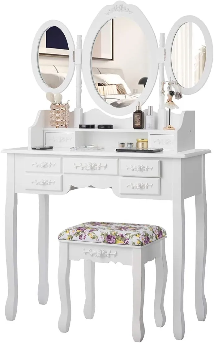 CHARMAID Vanity Set with Tri-Folding Mirror and Cushioned Stool